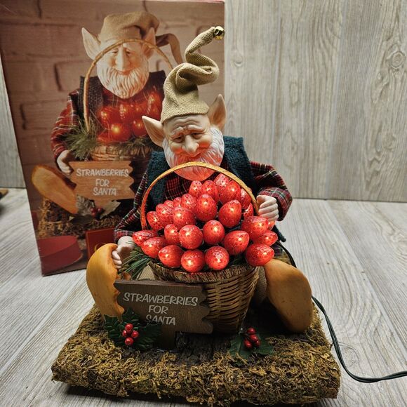 Grandeur Noel Santa's Elf With Illuminated Berry Basket Strawberries W Box Works - Picture 1 of 15
